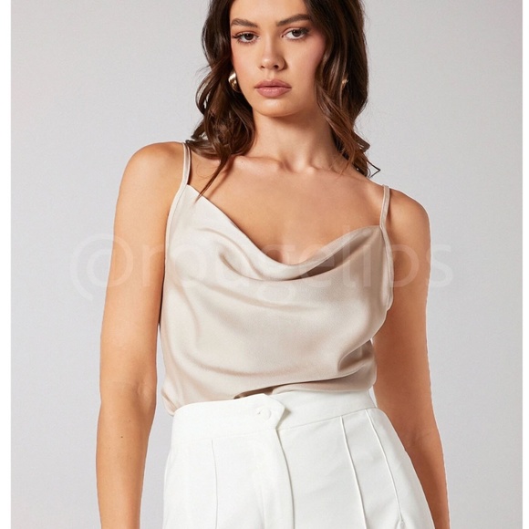 Beige Glamorous Cowl Neck Spaghetti Straps Camisole Top Cami, Draped - Picture 3 of 10